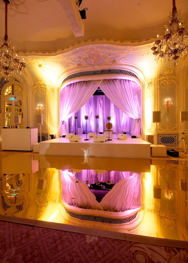 Bespoke Gold mirror and white staging from Albert Hall Dancefloors